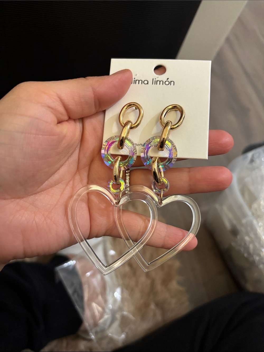 Lima Limón Iridescent Hoop Heart Drop Earrings - Clear & Gold